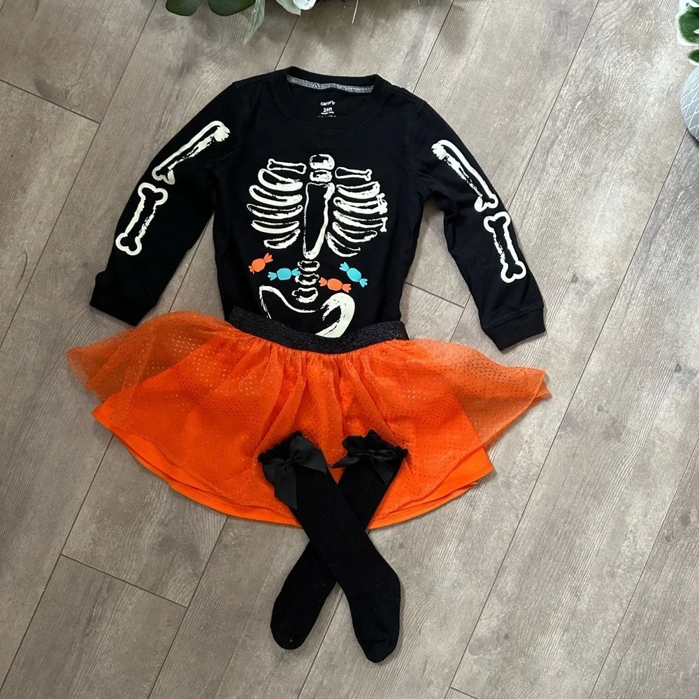 Halloween Glow in the Dark Top, Tutu Skirt, Knee High Socks 3-Piece Outfit Set